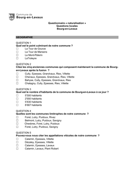 Questionnaire « Naturalisation » Questions Locales Bourg-En-Lavaux