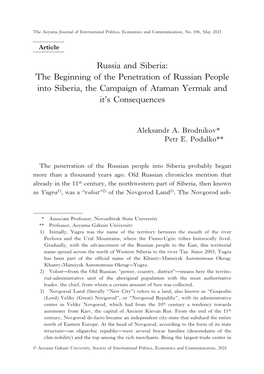 Russia and Siberia: the Beginning of the Penetration of Russian People Into Siberia, the Campaign of Ataman Yermak and It’S Consequences