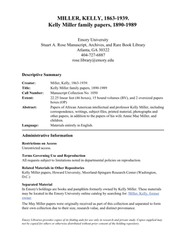 MILLER, KELLY, 1863-1939. Kelly Miller Family Papers, 1890-1989