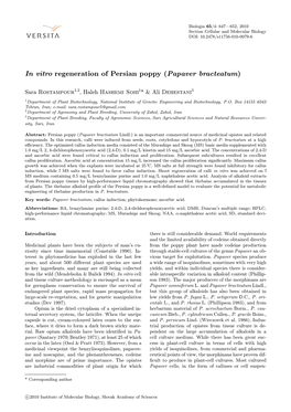 In Vitro Regeneration of Persian Poppy (Papaver Bracteatum)