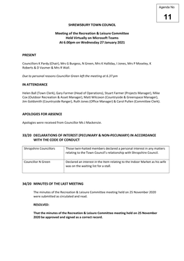 SHREWSBURY TOWN COUNCIL Meeting of the Recreation & Leisure