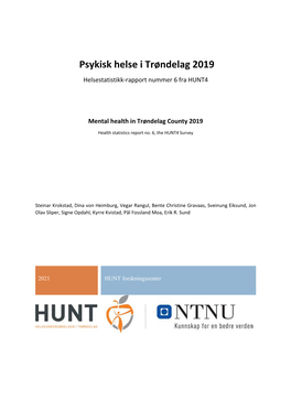 Psykisk Helse I Trøndelag 2019 Helsestatistikk-Rapport Nummer 6 Fra HUNT4