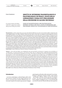 Grotte DI INTERESSE PALEONTOLOGICO E PALETNOLOGICO in Friuli: Stato Delle Conoscenze E Risultati Preliminari Della Revisione Di Alcuni Materiali