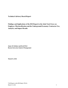 Technical Advisory Board Report Findings and Implications of the RSI Report to the Joint Task Force on Employee Misclassificatio