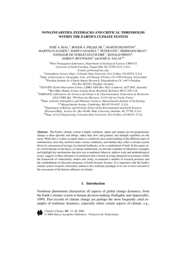 NONLINEARITIES, FEEDBACKS and CRITICAL THRESHOLDS WITHIN the EARTH's CLIMATE SYSTEM 1. Introduction Nonlinear Phenomena Charac