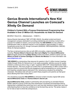 Genius Brands International's New Kid Genius Channel Launches on Comcast's Xfinity on Demand