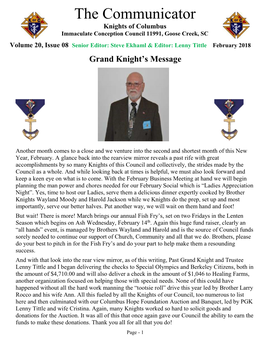 Lenny Tittle February 2018 Grand Knight's Message