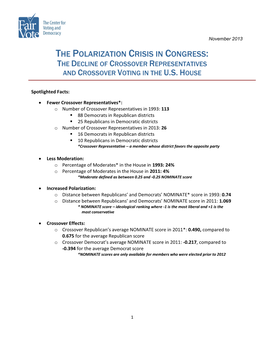 The Polarization Crisis in Congress: the Decline of Crossover Representatives and Crossover Voting in the U.S