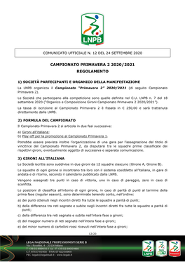 Campionato Primavera 2 2020/2021 Regolamento