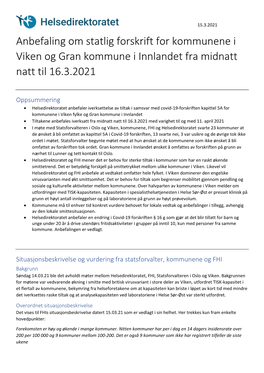 Anbefaling Om Statlig Forskrift for Kommunene I Viken Og Gran Kommune I Innlandet Fra Midnatt Natt Til 16.3.2021