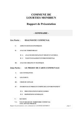 COMMUNE DE LOURTIES MONBRUN Rapport De Présentation