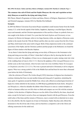 The Common Wine Cult of Christ and the Orphic Dionysos: the Wine and Vegetation Saviour Deity Dionysos As Model for the Dying and Rising Christ