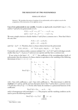 THE RESULTANT of TWO POLYNOMIALS Case of Two