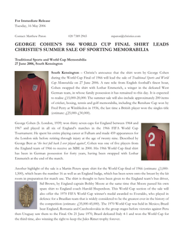 George Cohen's 1966 World Cup Final Shirt Leads Christie's Summer Sale of Sporting Memorabilia