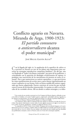 Conflicto Agrario En Navarra. Miranda De Arga, 1900-1923: El Partido Comunero O Anticorralicero Alcanza El Poder Municipal*