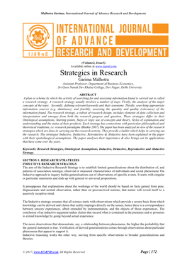 Strategies in Research Garima Malhotra Assistant Professor, Department of Business Economics, Sri Guru Nanak Dev Khalsa College, Dev Nagar, Delhi University