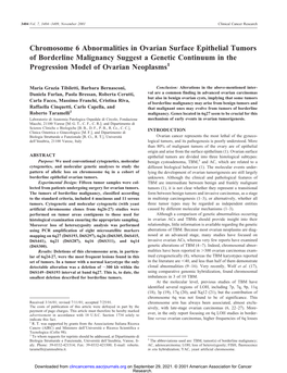 Chromosome 6 Abnormalities in Ovarian Surface Epithelial Tumors of Borderline Malignancy Suggest a Genetic Continuum in the Progression Model of Ovarian Neoplasms1