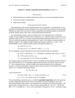 Lecture 11. Surface Evaporation and Soil Moisture (Garratt 5.3) in This