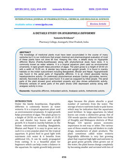 A DETAILS STUDY on HYGROPHILA DIFFORMIS Samanta Krishanu* Pharmacy College, Azamgarh, Uttar Pradesh, India