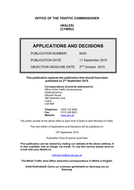 Applications and Decisions: Wales: 11 September 2015