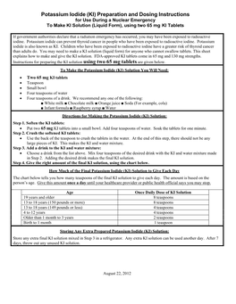 Potassium Iodide (KI) Preparation and Dosing Instructions for Use During a Nuclear Emergency to Make KI Solution (Liquid Form), Using Two 65 Mg KI Tablets