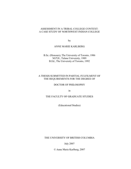 Assessment in a Tribal College Context: a Case Study of NWIC