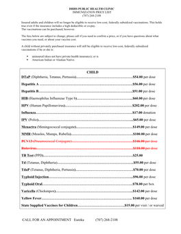 Price List of Vaccinations at Public Health Clinics