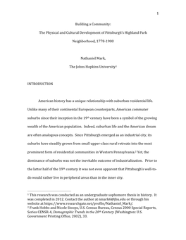 The Physical and Cultural Development of Pittsburgh's Highland Park Neighborhood, 1778-1900