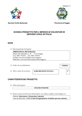 Scheda Progetto Per L'impiego Di Volontari In