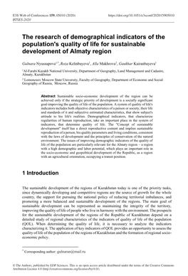 The Research of Demographical Indicators of the Population's Quality of Life for Sustainable Development of Almaty Region