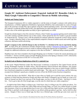 Google EC Antitrust Enforcement: Expected Android EC Remedies Likely to Make Google Vulnerable to Competitive Threats in Mobile Advertising