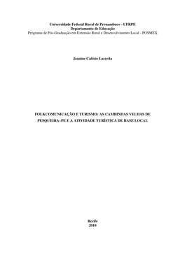 UFRPE Departamento De Educação Programa De Pós-Graduação Em Extensão Rural E Desenvolvimento Local - POSMEX