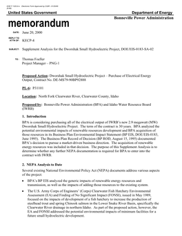 Dworshak Small Hydroelectric Project, DOE/EIS-0183-SA-02