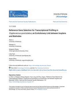 Reference Gene Selection for Transcriptional Profiling in Cryptocercus Punctulatus, an Evolutionary Link Between Isoptera and Blattodea