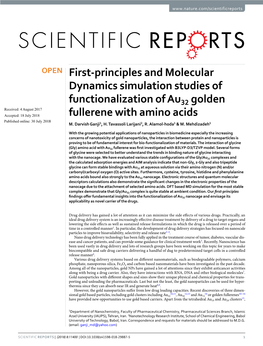 First-Principles and Molecular Dynamics Simulation Studies of Functionalization of Au32 Golden Fullerene with Amino Acids