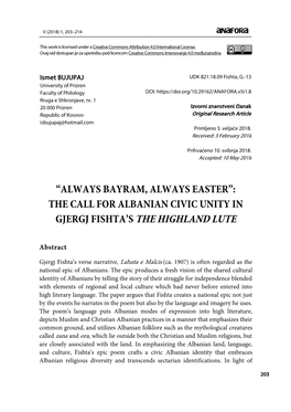 The Call for Albanian Civic Unity in Gjergj Fishta's The