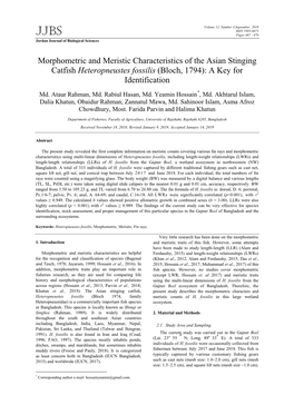 Morphometric and Meristic Characteristics of the Asian Stinging Catfish Heteropneustes Fossilis (Bloch, 1794): a Key for Identification