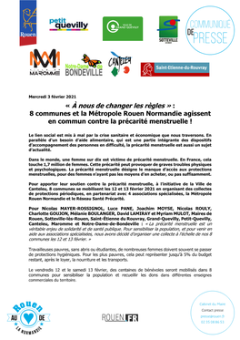 « À Nous De Changer Les Règles » : 8 Communes Et La Métropole Rouen Normandie Agissent En Commun Contre La Précarité Menstruelle !