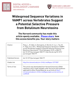 Widespread Sequence Variations in VAMP1 Across Vertebrates Suggest a Potential Selective Pressure from Botulinum Neurotoxins