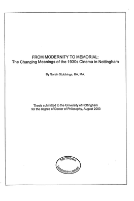 The Changing Meanings of the 1930S Cinema in Nottingham