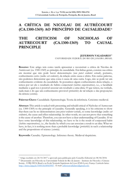 A Crítica De Nicolau De Autrécourt (Ca.1300-1369) Ao Princípio De Causalidade*