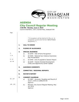 City Council Regular Meeting 7:00 PM - Monday, June 3, 2019 Council Chambers, 135 E