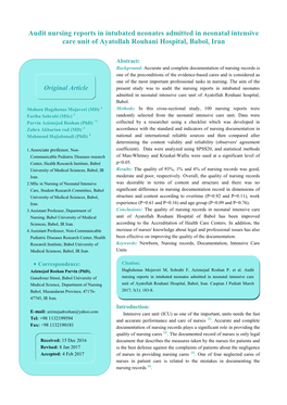 Audit Nursing Reports in Intubated Neonates Admitted in Neonatal Intensive Care Unit of Ayatollah Rouhani Hospital, Babol, Iran