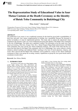 The Representation Study of Educational Value in Saur Matua Customs at the Death Ceremony As the Identity of Batak Toba Community in Bukittinggi City