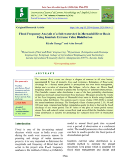 Flood Frequency Analysis of a Sub-Watershed in Meenachil River Basin Using Gumbels Extreme Value Distribution