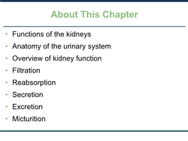 Kidney Function • Filtration • Reabsorption • Secretion • Excretion • Micturition