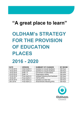 OLDHAM's STRATEGY for the PROVISION of EDUCATION PLACES 2016