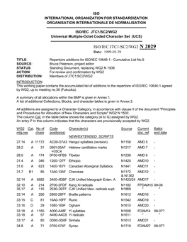 ISO/IEC JTC1/SC2/WG2 N 2029 Date: 1999-05-29