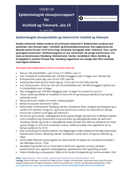 Epidemiologisk Situasjonsrapport for Vestfold Og Telemark, Uke 15