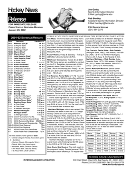 Ferris State at Northern Michigan Fsu Sports Hotline January 28, 2002 (231) 591-2375